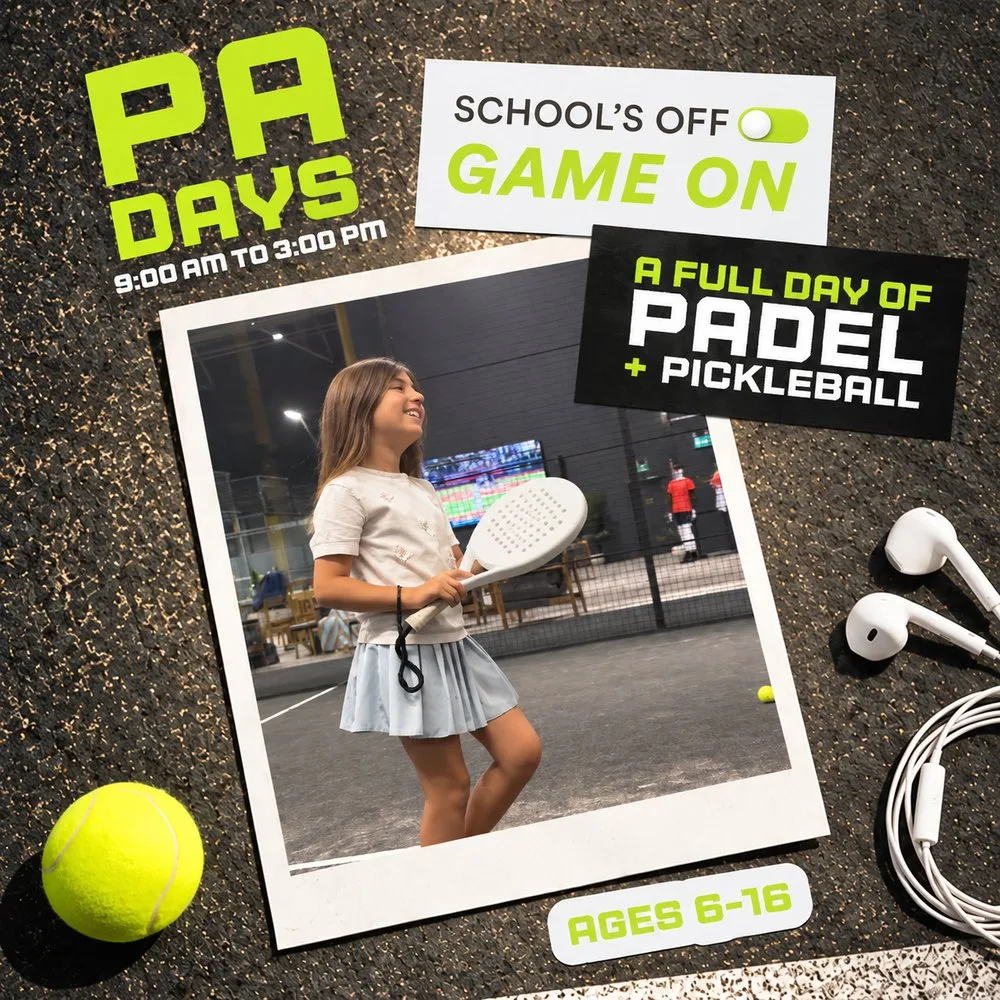 PA Day camp at The District with a young player on court for padel and pickleball, ages 6 to 16